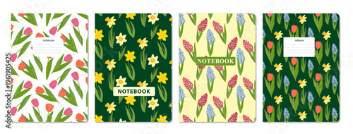 Set of four vertical notebook covers with spring floral patterns featuring tulips and daffodils. Colorful vector illustration for school stationery and office supplies.