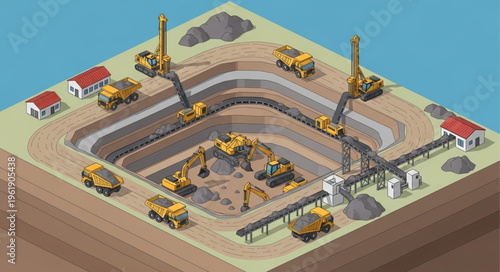 Isometric View of Open-Pit Mining Operation with Heavy Machinery.