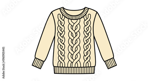 Cozy beige cable knit sweater with a rounded neckline and intricate braided patterns, a classic and warm staple for cold weather.