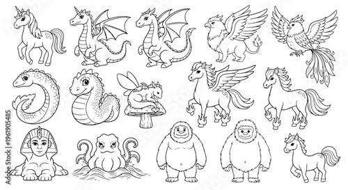 Set of black and white cartoon mythical creatures including unicorn, dragon, griffin, phoenix, sphinx.