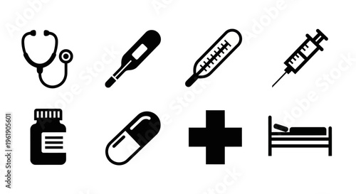 Medical Icons Set: Stethoscope, Thermometer, Syringe, Pill, Bed, Cross, Pill Bottle