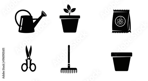 Gardening Tools Icons Set: Watering Can, Plant Pot, Seeds, Scissors, Rake, Pot