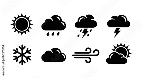 Weather Icons Set: Sun, Clouds, Rain, Snow, Lightning, Wind, Overcast