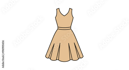 Elegant beige V-neck pleated dress with a cinched waist and a full skirt, offering a classic and flattering silhouette for women.
