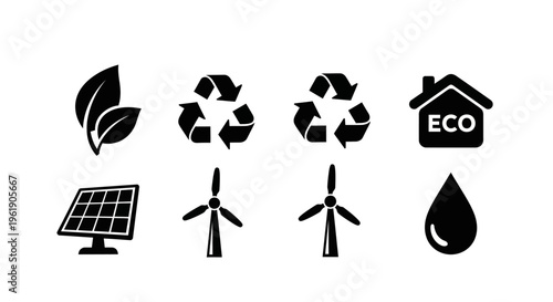 Eco friendly icons: solar panel, wind turbines, recycling, leaf, water drop, eco house