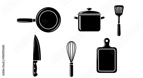 Kitchen Utensils Set Silhouette: Frying Pan, Pot, Spatula, Knife, Whisk, Cutting Board