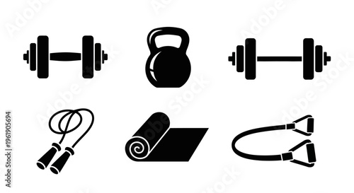Fitness Equipment Icons Set: Dumbbells, Kettlebell, Jump Rope, Yoga Mat, Resistance Band