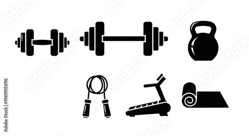 Fitness Equipment Icons: Dumbbells, Kettlebell, Jump Rope, Treadmill, Yoga Mat