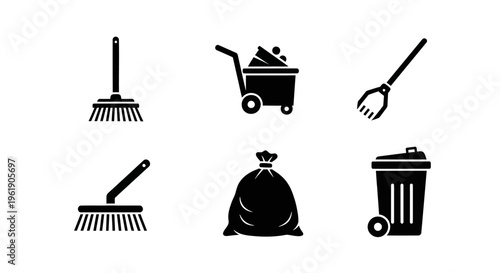 Cleaning Tools Icons Set: Broom, Dustpan, Trash Can, Garbage Bag, Cart