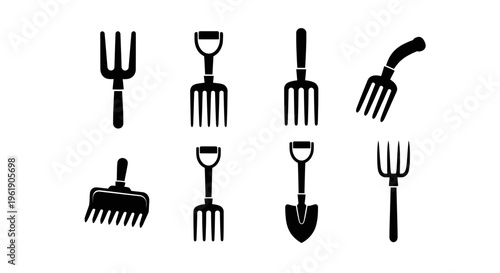 Set of Garden Tools Icons: Pitchfork, Shovel, Rake, and Fork - Black and White Vector Graphics