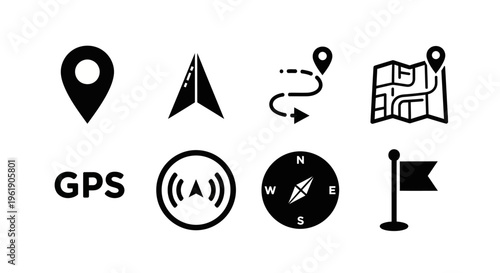 GPS Navigation Icons Set: Map, Compass, Location Pin, Route, Flag, Signal