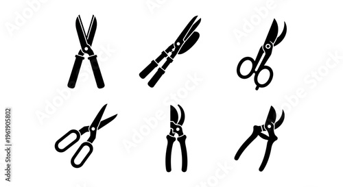 Gardening Tools Icon Set: Pruning Shears, Loppers, Scissors, Secateurs - Black Silhouettes