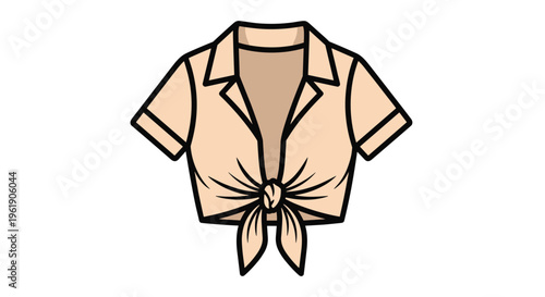 Trendy beige tied crop shirt with short sleeves and a collared V-neck, offering a playful and stylish look for summer fashion.