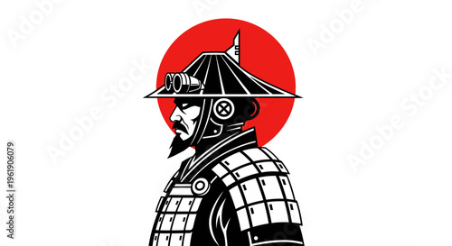 Samurai warrior in traditional armor stands proudly before sunrise