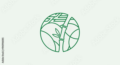 A stylized illustration of a green globe with a leafy tree branch and a wheat stalk on a simple background