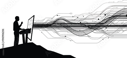 Silhouette Man Painting on Easel with Abstract Circuit Background