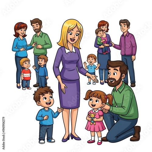 Vibrant cartoon illustration of diverse families and happy children interacting playfully, depicting community bonding and the joy of shared experiences in a nurturing environment