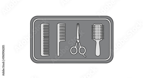 Organized hairdressing tool set displayed on a grey tray, featuring various combs, a brush, and scissors, essential for salon work.