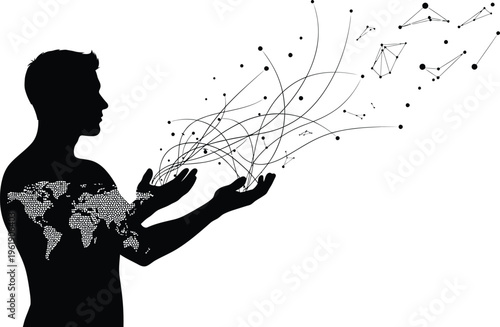Man Silhouette Releasing Global Network Connections