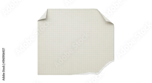Grid paper note with curled corner for writing and planning, isolated on white background