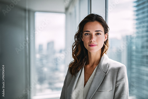 Confident businesswoman in grey tailored blazer and white blouse by floor - to - ceiling office window, wavy brown hair, freckles, gold necklace, slight smile