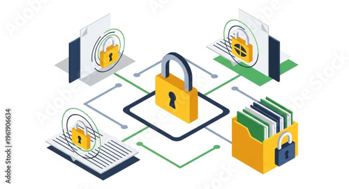 Data Security Network with Padlock and Encrypted Files.