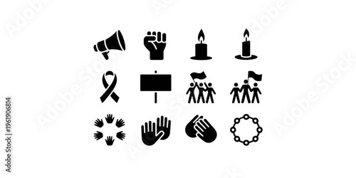 A set of black and white vector icons representing activism and social justice on transparent background
