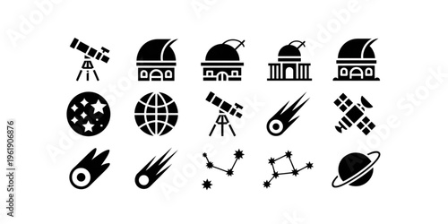 A set of astronomy icons on transparent background, featuring various celestial objects and observatories