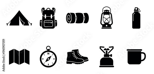 A clean, graphic collection of black silhouette icons representing essential camping and outdoor adventure equipment on a white background.