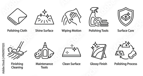 A collection of clean line icons illustrating the process of polishing and surface care, including cloths, sprays, and shiny results.