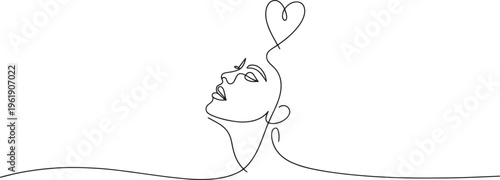 A beautiful woman's face gazes upwards with a heart, drawn in one continuous line.