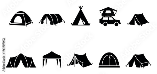 A collection of black silhouette icons representing various types of camping tents and a rooftop tent on a car, ideal for outdoor recreation themes.