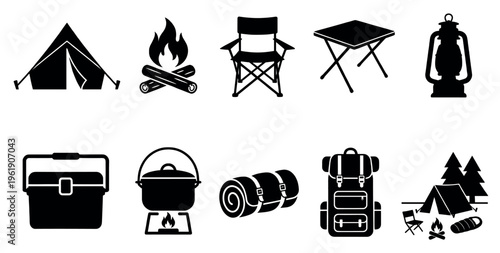 A collection of black and white vector icons representing various camping equipment, including a tent, campfire, chair, table, and backpack, perfect for outdoor adventure themes.