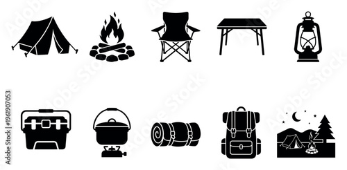 A collection of black silhouette icons depicting camping essentials like a tent, campfire, chair, table, lantern, cooler, pot, sleeping bag, and backpack.