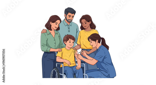 A family with a child in a wheelchair receiving a vaccination from a nurse with a concerned expression on world immunization week