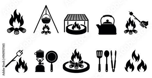 Collection of black and white silhouette icons depicting various camping and outdoor cooking activities, including campfires, grilling, and marshmallow roasting.