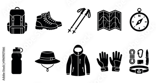 A graphic collection of black icons representing essential hiking and camping gear, including a backpack, boots, poles, map, compass, and survival tools.
