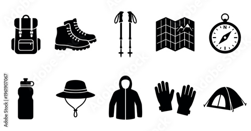 A collection of black silhouette icons representing essential hiking and camping gear, including a backpack, boots, poles, map, compass, water bottle, hat, jacket, gloves, and tent.