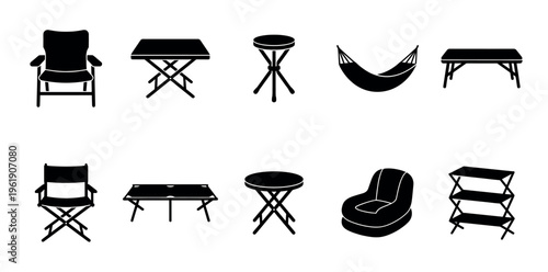 Collection of black silhouette icons representing various portable outdoor furniture pieces like chairs, tables, hammocks, and shelves on a white background.