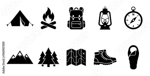A black and white collection of flat vector icons representing camping and hiking essentials, ideal for travel and outdoor adventure themes.