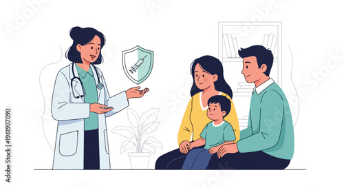 A female doctor presents a syringe shield to a family with a child during World Immunization Week in a clean setting