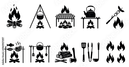 Collection of black and white vector icons representing various campfire cooking activities, including grilling, boiling, and roasting food.