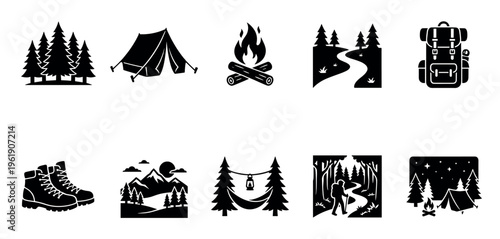 A collection of black and white vector icons representing various aspects of outdoor camping and adventure, including tents, backpacks, hiking boots, campfires, and scenic landscapes.