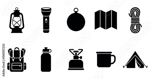 A collection of black silhouette icons depicting essential camping equipment arranged in two rows on a white background.