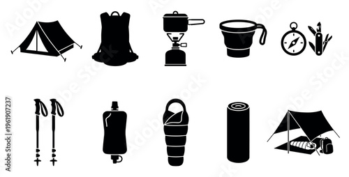 A clean, minimalist collection of black silhouette icons representing essential camping and outdoor adventure equipment, perfect for web and print design.