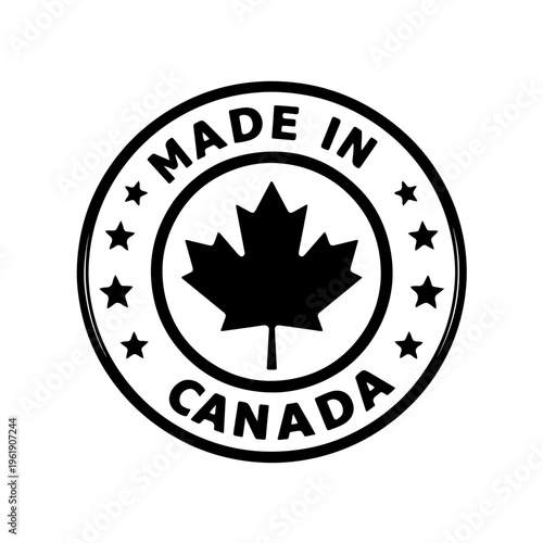 Black and white circular 'Made in Canada' stamp with a maple leaf icon and stars around the border.