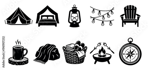 This black and white illustration features a collection of camping and outdoor leisure icons, including a tent, bed, lantern, string lights, chair, mug, blanket, basket, campfire, and compass.