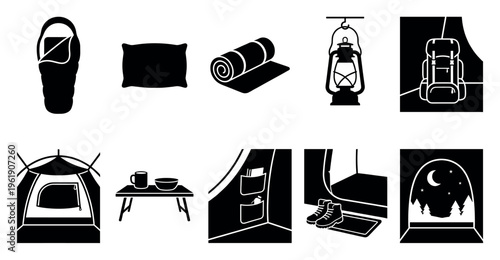 Collection of black and white icons representing essential camping equipment, including sleeping bag, pillow, mat, lantern, backpack, tent, table with mug and bowl, and a scenic view.