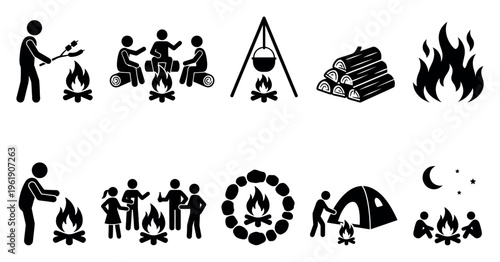 A collection of black silhouette icons depicting camping activities including campfires, people cooking and socializing, firewood, a tent, and a night sky scene.