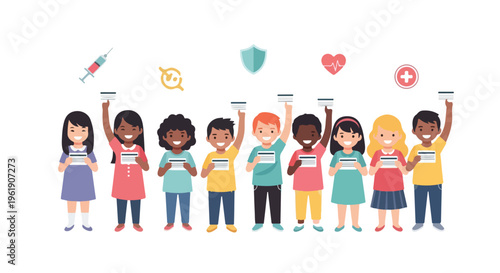 Diverse group of children holding up vaccination cards and medical symbols for World Immunization Week on a white background with a clean and colorful style